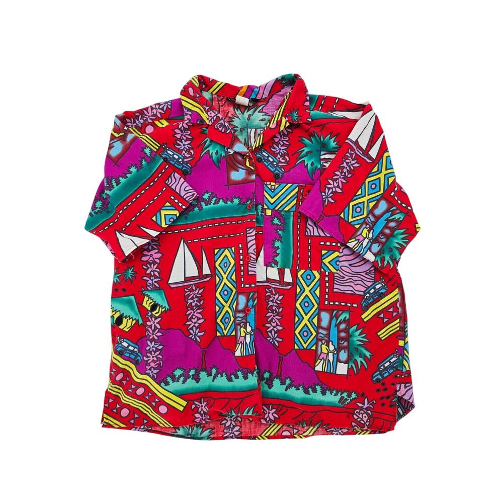 Vintage Men's Hawaiian Button Up Shirt Red XL